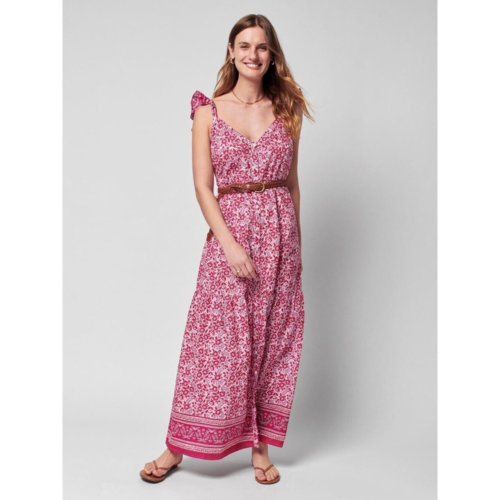 New Faherty Hyland Dress Red V-Neck Button Up Floral Ruffle Sleeveless Sz M NWT